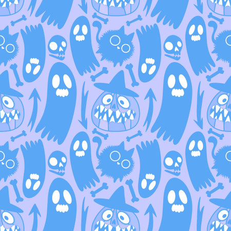 Halloween animals seamless cats and ghost pattern for wrapping paper and fabrics and lines and kids clothes print and party accessories. High quality illustrationの写真素材