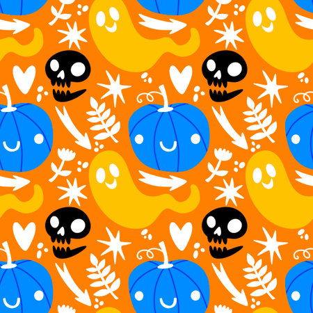 Autumn harvest vegetable seamless monster Halloween pumpkins pattern for wrapping paper and fabrics and kids clothes print and festive packaging and accessories. High quality illustrationの写真素材