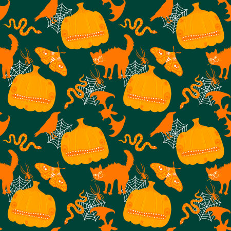 Autumn harvest vegetable seamless monster Halloween pumpkins pattern for wrapping paper and fabrics and kids clothes print and festive packaging and accessories. High quality illustrationの写真素材