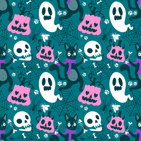 Halloween animals seamless cats and ghost pattern for wrapping paper and fabrics and lines and kids clothes print and party accessories. High quality illustrationの写真素材