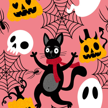 Halloween animals seamless cats and ghost pattern for wrapping paper and fabrics and lines and kids clothes print and party accessories. High quality illustrationの写真素材