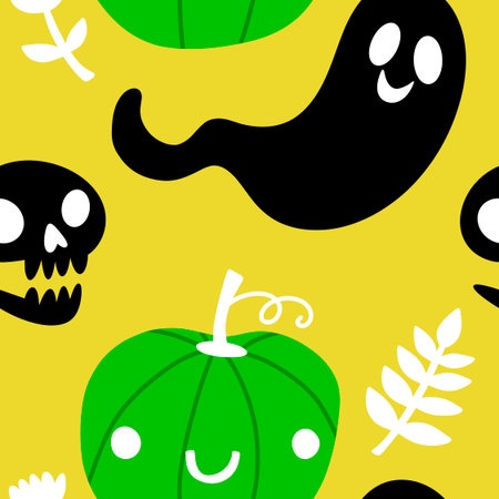 Autumn harvest vegetable seamless monster Halloween pumpkins pattern for wrapping paper and fabrics and kids clothes print and festive packaging and accessories. High quality illustrationの写真素材