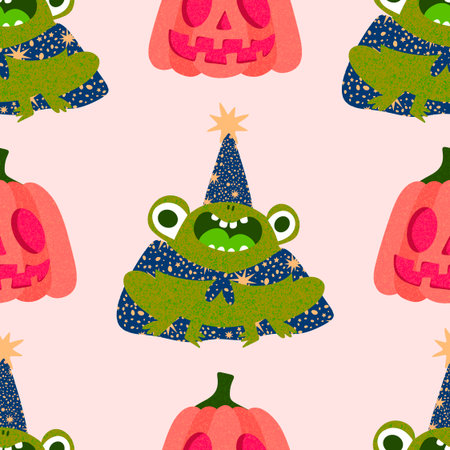 Halloween animals cartoon seamless frogs monsters pattern for wrapping paper and fabrics and lines and kids clothes print and autumn packaging and party accessories. High quality illustrationの写真素材