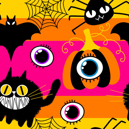 Halloween animals seamless cats pattern for wrapping paper and fabrics and lines and kids clothes print and party accessories. High quality illustrationの写真素材