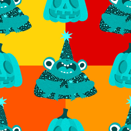 Halloween animals cartoon seamless frogs monsters pattern for wrapping paper and fabrics and lines and kids clothes print and autumn packaging and party accessories. High quality illustrationの写真素材
