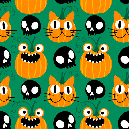 Halloween animals cartoon seamless cat monsters pattern for wrapping paper and fabrics and lines and kids clothes print and autumn packaging and party accessories. High quality illustrationの写真素材