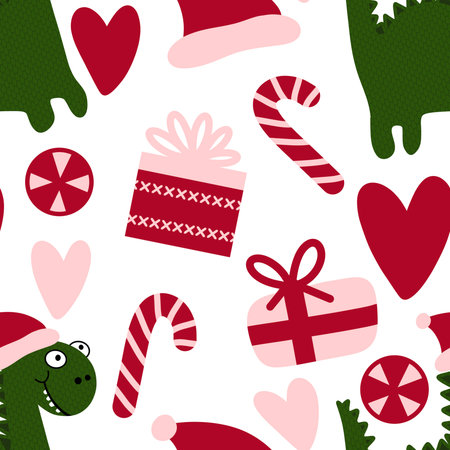 Christmas tree seamless dragon and gift box and balls and penguin pattern for wrapping paper and fabrics and winter accessories and kids print and Noel packaging and party. High quality illustrationの写真素材