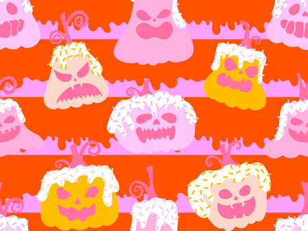 Autumn harvest vegetable seamless monster Halloween pumpkins pattern for wrapping paper and fabrics and kids clothes print and festive packaging and accessories. High quality illustrationの写真素材