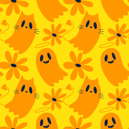 Halloween animals seamless cats pattern for wrapping paper and fabrics and lines and kids clothes print and party accessories. High quality illustrationの写真素材