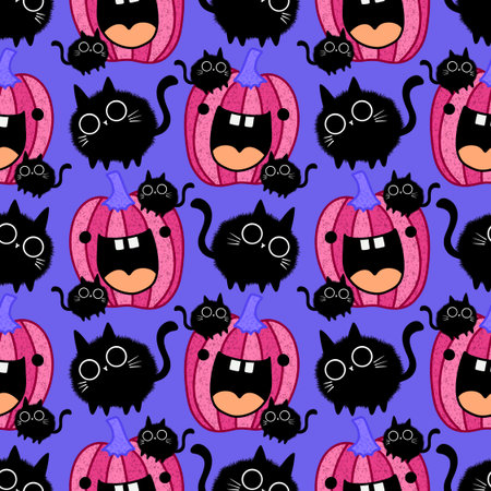 Halloween animals seamless cats pattern for wrapping paper and fabrics and lines and kids clothes print and party accessories. High quality illustrationの写真素材
