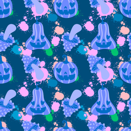 Autumn harvest vegetable seamless monster Halloween pumpkins pattern for wrapping paper and fabrics and kids clothes print and festive packaging and accessories. High quality illustrationの写真素材
