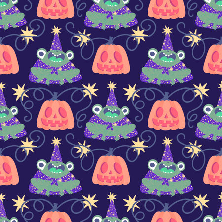 Halloween animals cartoon seamless frogs monsters pattern for wrapping paper and fabrics and lines and kids clothes print and autumn packaging and party accessories. High quality illustrationの写真素材