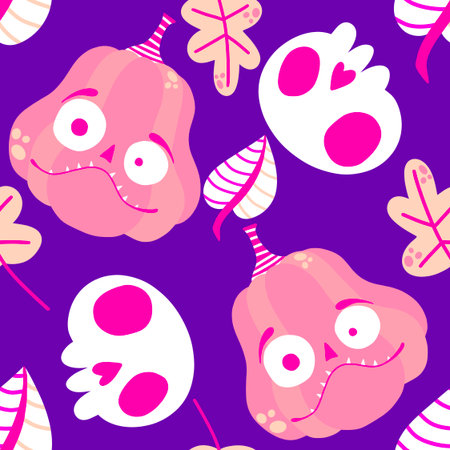 Autumn harvest vegetable seamless monster Halloween pumpkins pattern for wrapping paper and fabrics and kids clothes print and festive packaging and accessories. High quality illustrationの写真素材