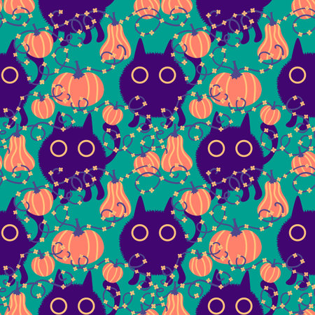 Halloween animals seamless cats pattern for wrapping paper and fabrics and lines and kids clothes print and party accessories. High quality illustrationの写真素材