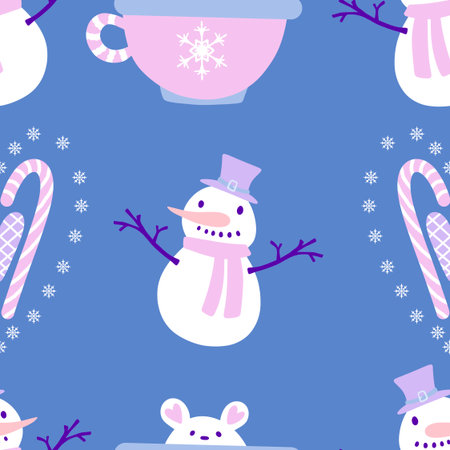 Christmas cartoon ice seamless snowman pattern for wrapping paper and fabrics and lines and kids clothes print and party accessories and new year packaging. High quality illustrationの写真素材