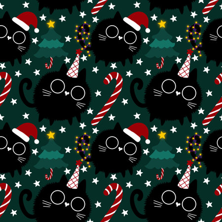 Cartoon funny cats seamless Christmas pattern for wrapping paper and kids clothes print and festive packaging and fabrics and linens and new year and Noel. High quality illustrationの写真素材