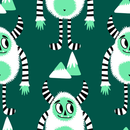 Winter monsters seamless Christmas yeti pattern for wrapping paper and fabrics and lines and kids clothes print and new year packaging. High quality illustrationの写真素材
