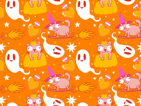 Halloween animals seamless cats pattern for wrapping paper and fabrics and lines and kids clothes print and party accessories. High quality illustrationの写真素材