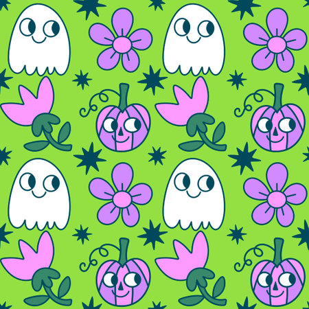 Autumn harvest vegetable seamless monster Halloween pumpkins pattern for wrapping paper and fabrics and kids clothes print and festive packaging and accessories. High quality illustrationの写真素材