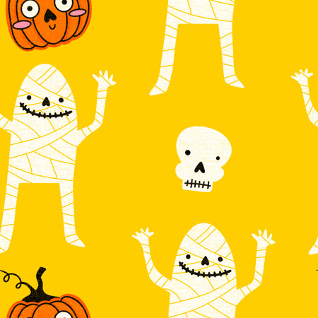Autumn harvest vegetable seamless monster Halloween pumpkins pattern for wrapping paper and fabrics and kids clothes print and festive packaging and accessories. High quality illustrationの写真素材