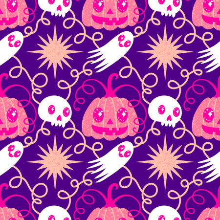 Autumn harvest vegetable seamless monster Halloween pumpkins pattern for wrapping paper and fabrics and kids clothes print and festive packaging and accessories. High quality illustrationの写真素材