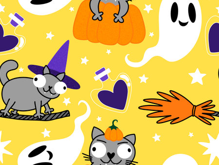 Halloween animals seamless cats pattern for wrapping paper and fabrics and lines and kids clothes print and party accessories. High quality illustrationの写真素材