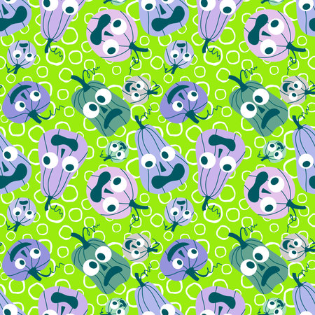 Autumn harvest vegetable seamless monster Halloween pumpkins pattern for wrapping paper and fabrics and kids clothes print and festive packaging and accessories. High quality illustrationの写真素材