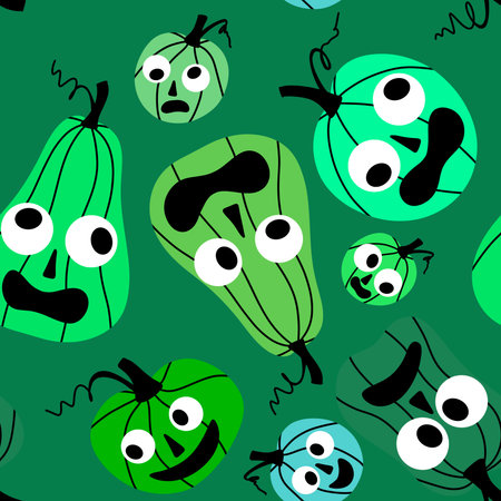 Autumn harvest vegetable seamless monster Halloween pumpkins pattern for wrapping paper and fabrics and kids clothes print and festive packaging and accessories. High quality illustrationの写真素材