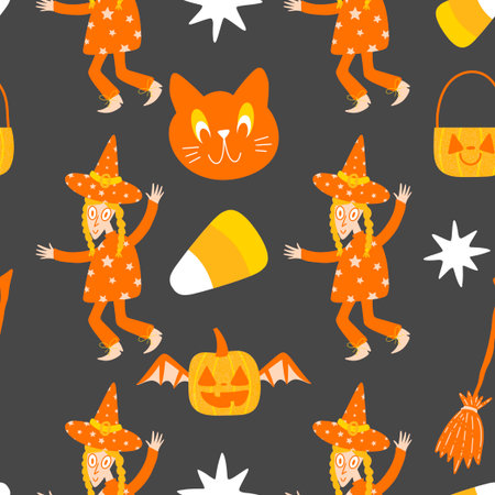 Halloween animals seamless cats pattern for wrapping paper and fabrics and lines and kids clothes print and party accessories. High quality illustrationの写真素材