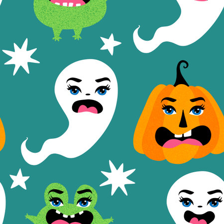 Autumn harvest vegetable seamless monster Halloween pumpkins pattern for wrapping paper and fabrics and kids clothes print and festive packaging and accessories. High quality illustrationの写真素材