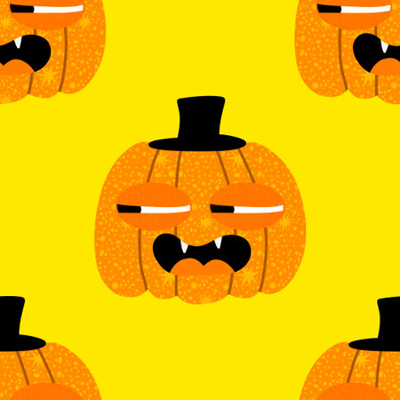 Autumn harvest vegetable seamless monster Halloween pumpkins pattern for wrapping paper and fabrics and kids clothes print and festive packaging and accessories. High quality illustrationの写真素材