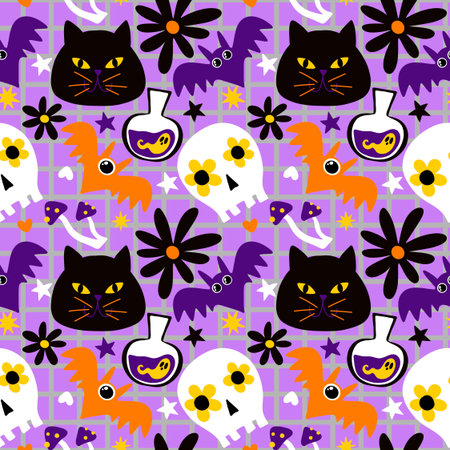 Halloween animals seamless cats pattern for wrapping paper and fabrics and lines and kids clothes print and party accessories. High quality illustrationの写真素材