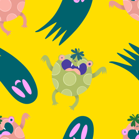 Halloween animals cartoon seamless frogs monsters pattern for wrapping paper and fabrics and lines and kids clothes print and autumn packaging and party accessories. High quality illustrationの写真素材