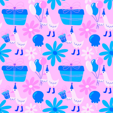 Birthday party seamless duck pattern for wrapping paper and fabrics and lines and kids clothes print...