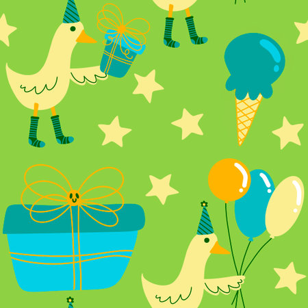 Birthday party seamless duck pattern for wrapping paper and fabrics and lines and kids clothes print and anniversary accessories. High quality photoの写真素材