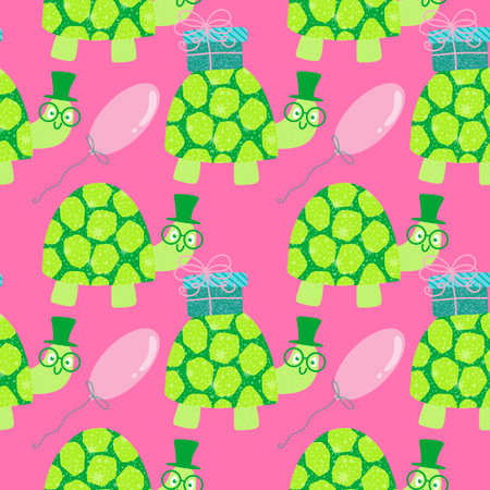 Birthday party seamless turtle pattern for wrapping paper and fabrics and lines and kids clothes print and anniversary accessories. High quality photoの写真素材