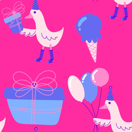 Birthday party seamless duck pattern for wrapping paper and fabrics and lines and kids clothes print and anniversary accessories. High quality photoの写真素材