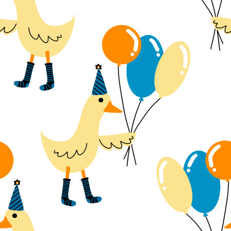 Birthday party seamless duck pattern for wrapping paper and fabrics and lines and kids clothes print and anniversary accessories. High quality photoの写真素材