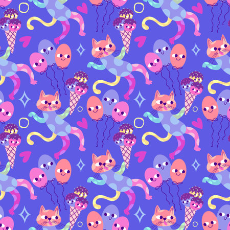 Birthday party seamless cats pattern for wrapping paper and fabrics and lines and kids clothes print and anniversary accessories. High quality photoの写真素材