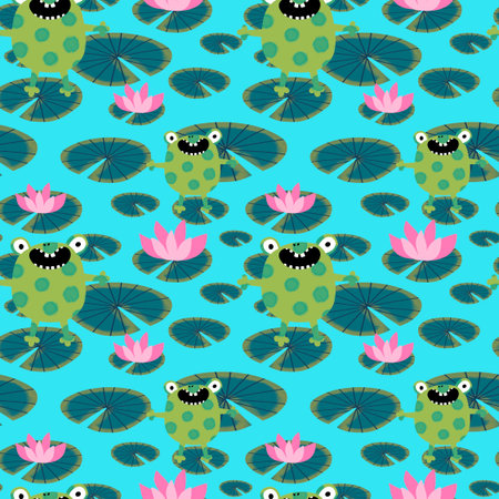 Cartoon animals seamless frogs pattern for wrapping paper and fabrics and lines and kids clothes print and festive packaging and party accessories. High quality illustrationの写真素材