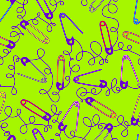 Cartoon sewing seamless buttons and scissors and pins pattern for wrapping paper and fabrics and linens and hobbies accessories and kids clothes print. High quality illustrationの写真素材
