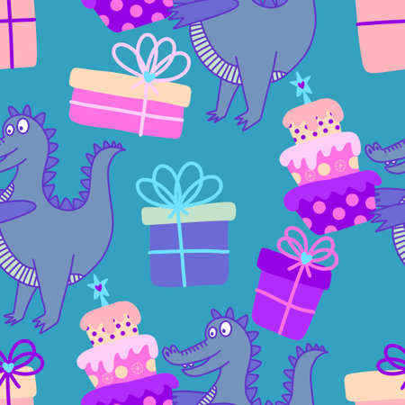 Birthday party seamless crocodile pattern for wrapping paper and fabrics and lines and kids clothes print and anniversary accessories. High quality photoの写真素材