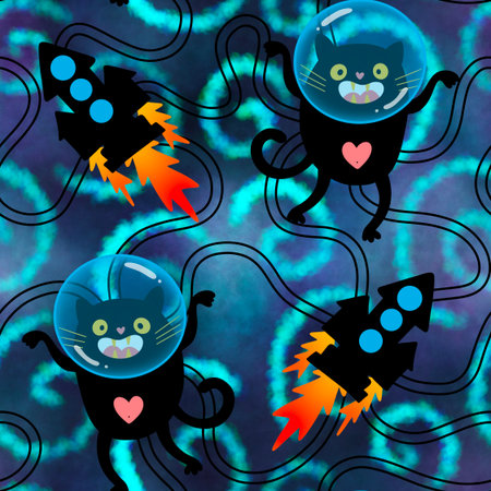 Space animals seamless cats pattern for wrapping paper and fabrics and lines and kids clothes print and party accessories. High quality illustrationの写真素材