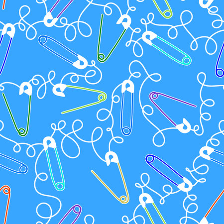 Cartoon seamless buttons and scissors and pins pattern for wrapping paper and fabrics and linens and hobbies accessories and kids clothes print. High quality illustrationの写真素材