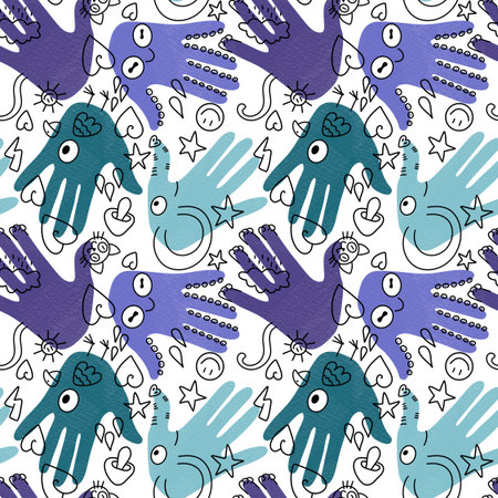 Handprint seamless team work pattern for school and fabrics and kids and hobbies and wrapping paper and notebooks and clothes print. High quality illustrationの写真素材