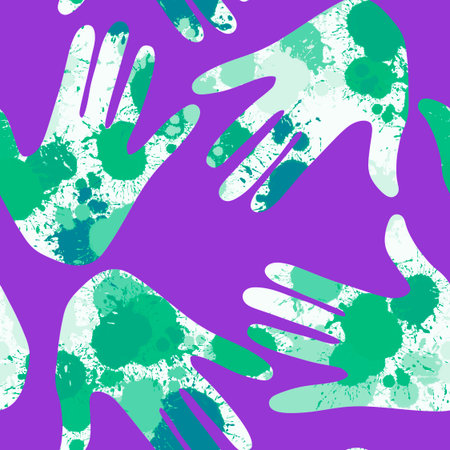 Handprint seamless team work pattern for school and fabrics and kids and hobbies and wrapping paper and notebooks and clothes print. High quality illustrationの写真素材