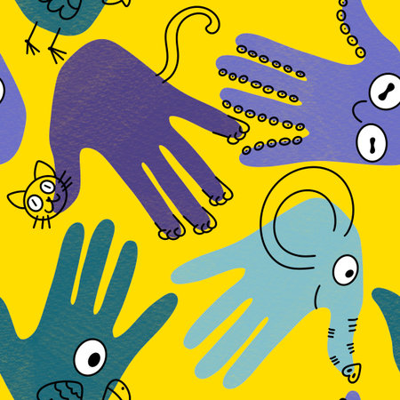 Handprint seamless team work pattern for school and fabrics and kids and hobbies and wrapping paper and notebooks and clothes print. High quality illustrationの写真素材