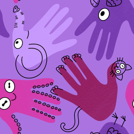 Handprint seamless team work pattern for school and fabrics and kids and hobbies and wrapping paper and notebooks and clothes print. High quality illustrationの写真素材