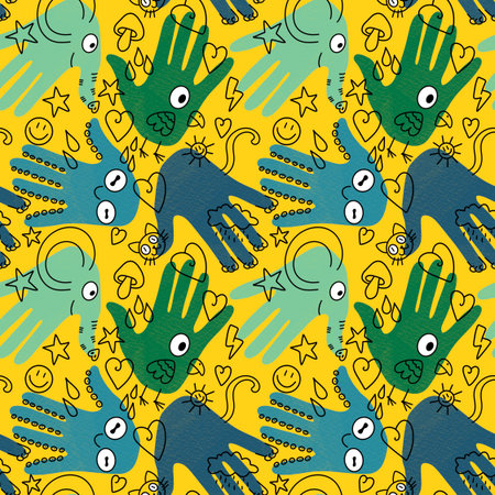 Handprint seamless team work pattern for school and fabrics and kids and hobbies and wrapping paper and notebooks and clothes print. High quality illustrationの写真素材