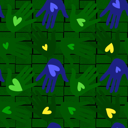 Handprint seamless team work pattern for school and fabrics and kids and hobbies and wrapping paper and notebooks and clothes print. High quality illustrationの写真素材